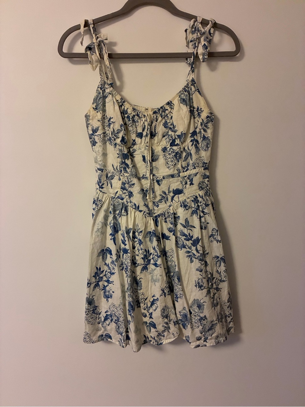 Olivaceous Cream Mini Dress with Blue Floral Print